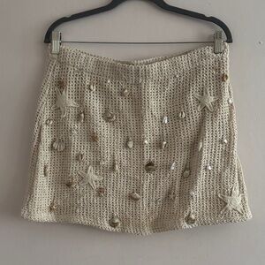 Aqua Beige Knit Mini Skirt with Seashell Accents
